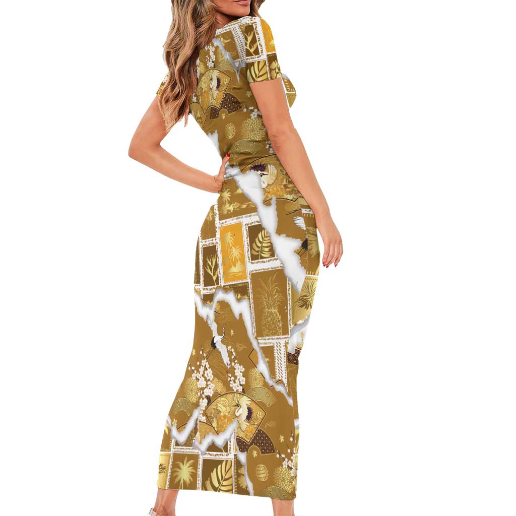 Hawaii Japanese Culture Gold Short Sleeve Bodycon Dress Spring Cranes Aloha Pattern LT01 - Polynesian Pride