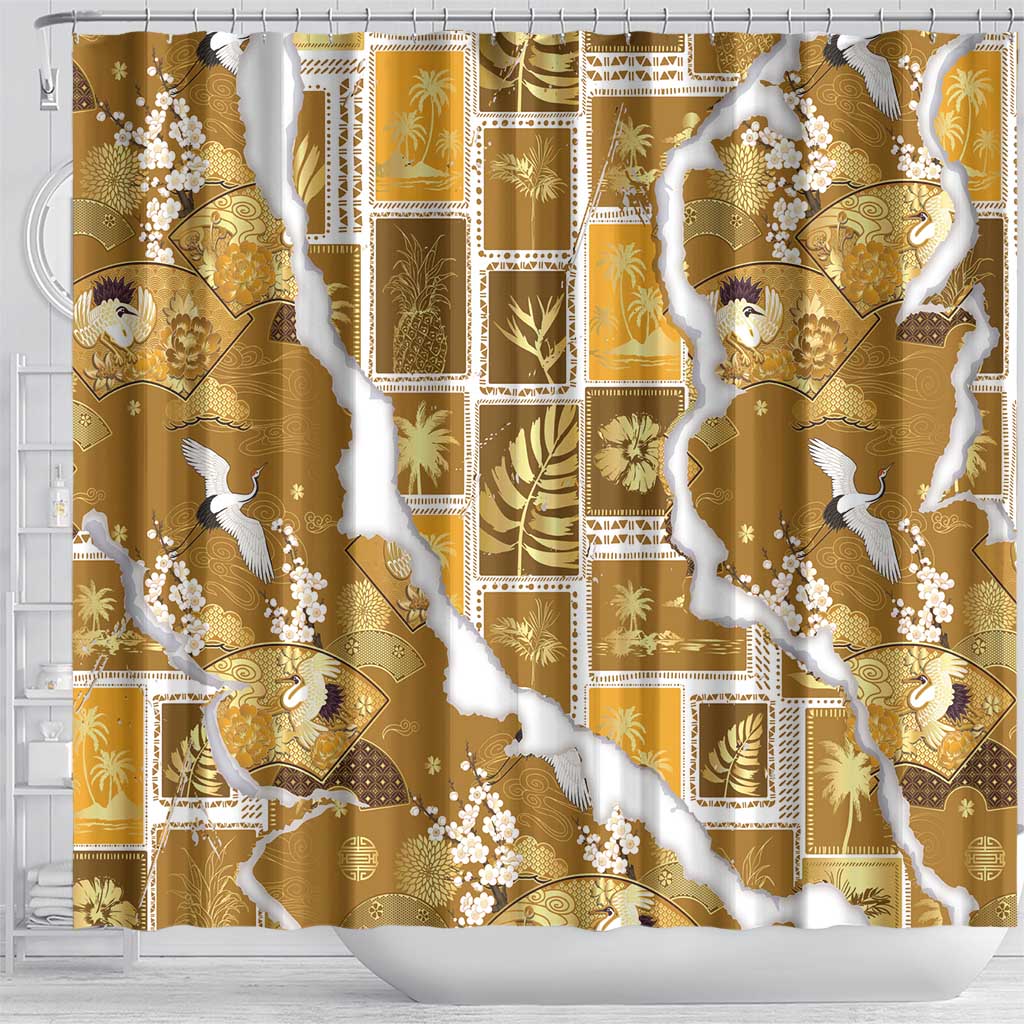 Hawaii Japanese Culture Gold Shower Curtain Spring Cranes Aloha Pattern