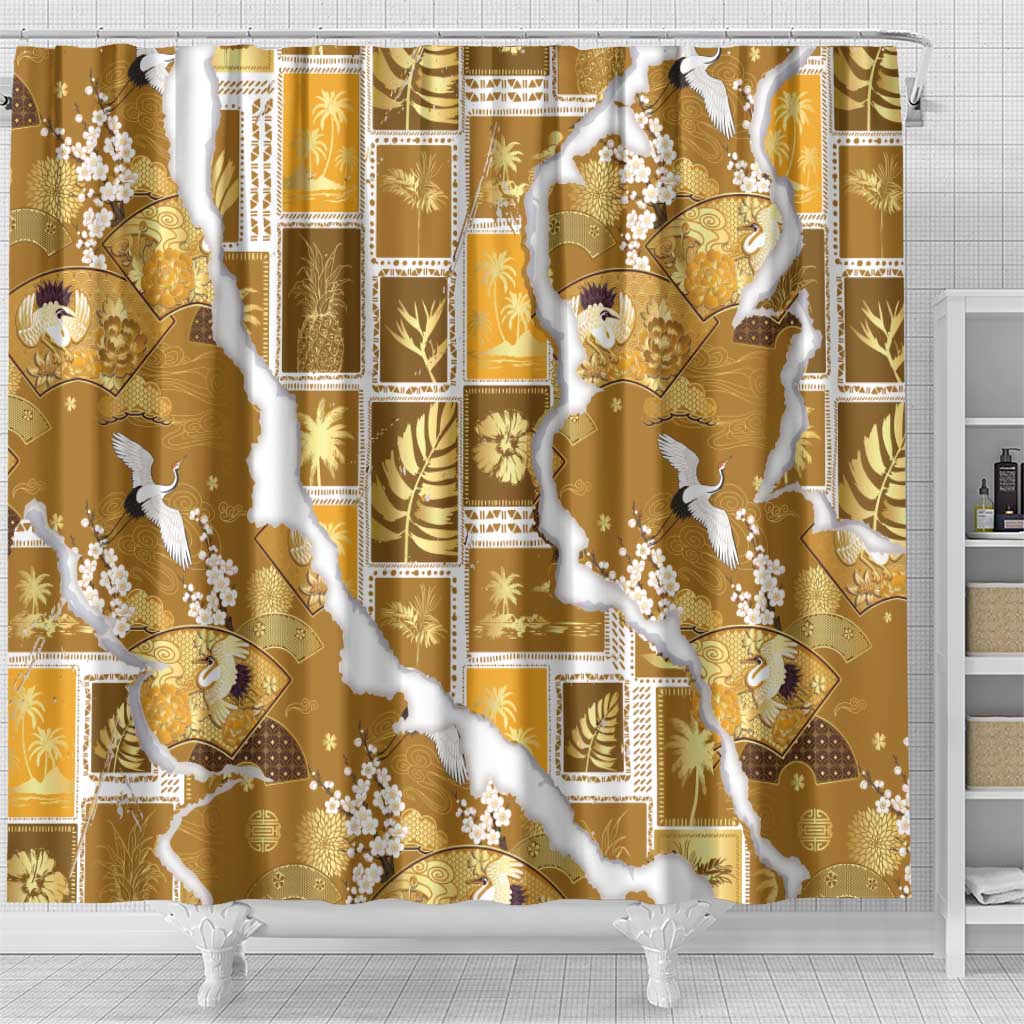 Hawaii Japanese Culture Gold Shower Curtain Spring Cranes Aloha Pattern