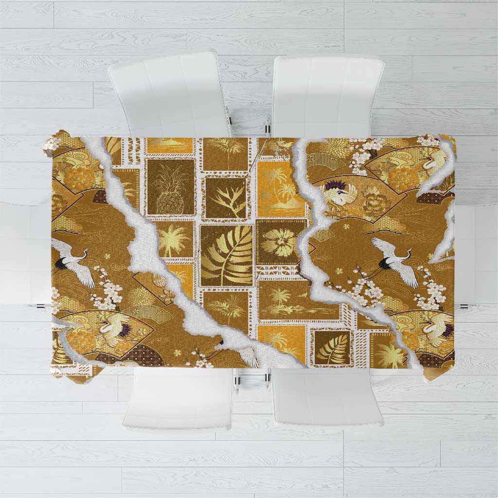 Hawaii Japanese Culture Gold Tablecloth Spring Cranes Aloha Pattern