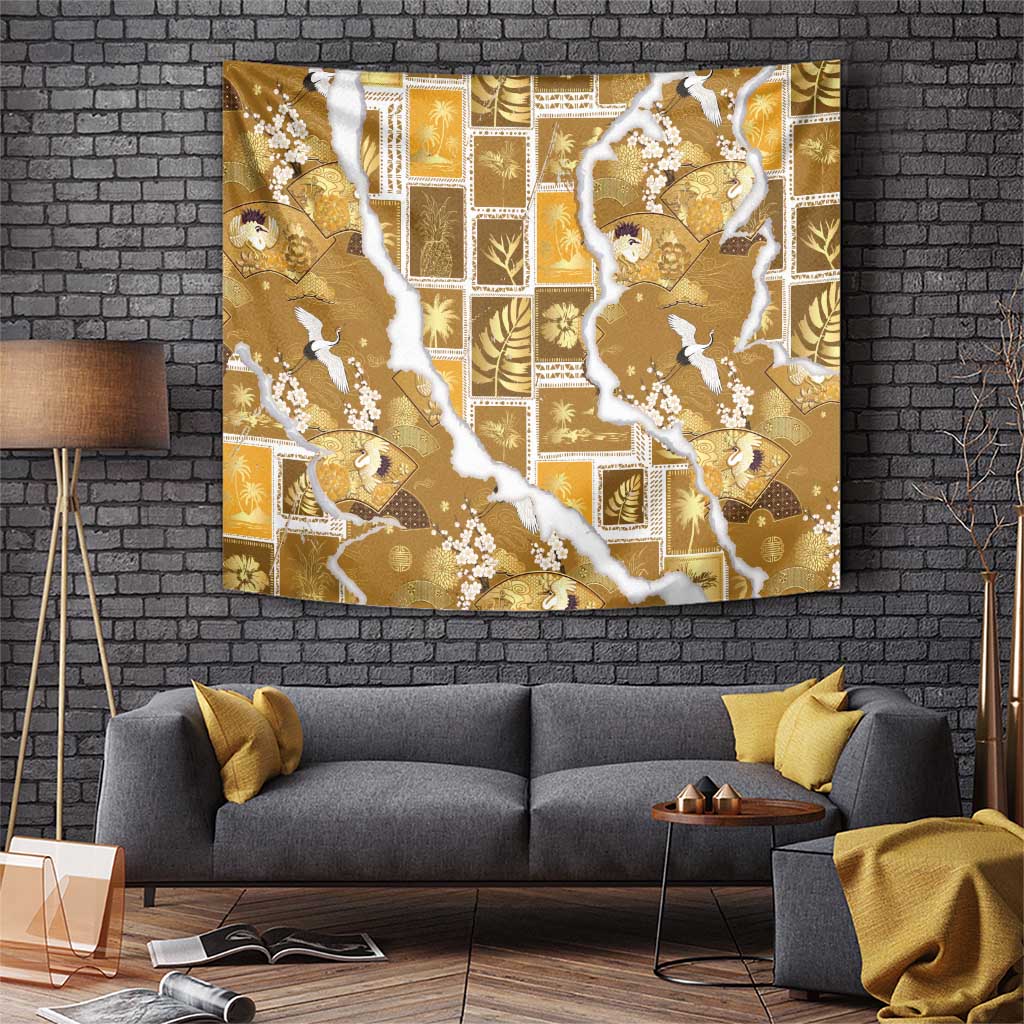 Hawaii Japanese Culture Gold Tapestry Spring Cranes Aloha Pattern