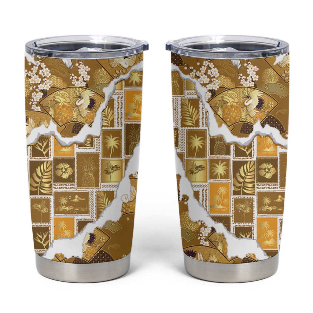 Hawaii Japanese Culture Gold Tumbler Cup Spring Cranes Aloha Pattern