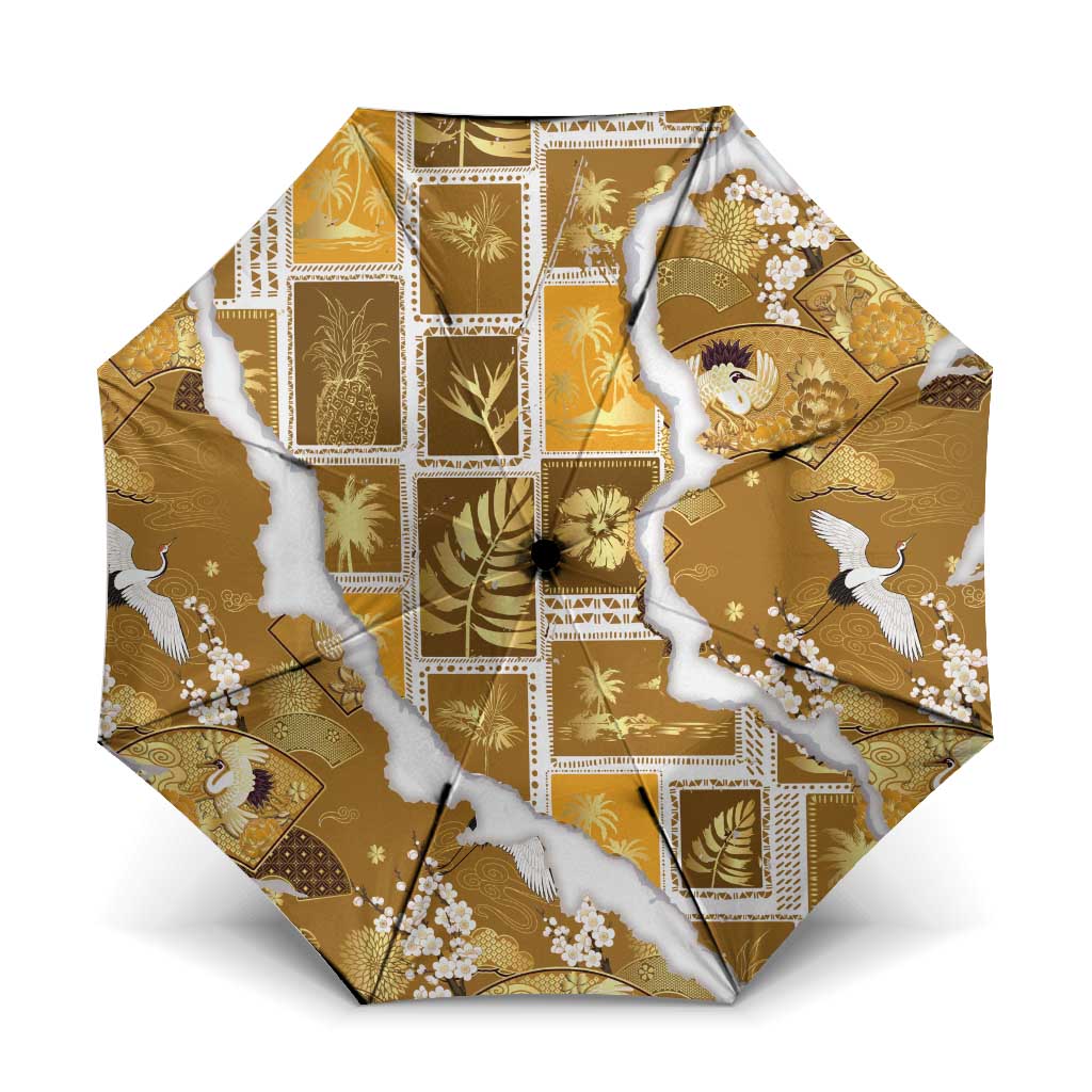 Hawaii Japanese Culture Gold Umbrella Spring Cranes Aloha Pattern