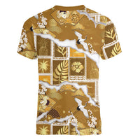 Hawaii Japanese Culture Gold Women V-Neck T-Shirt Spring Cranes Aloha Pattern LT01 - Polynesian Pride