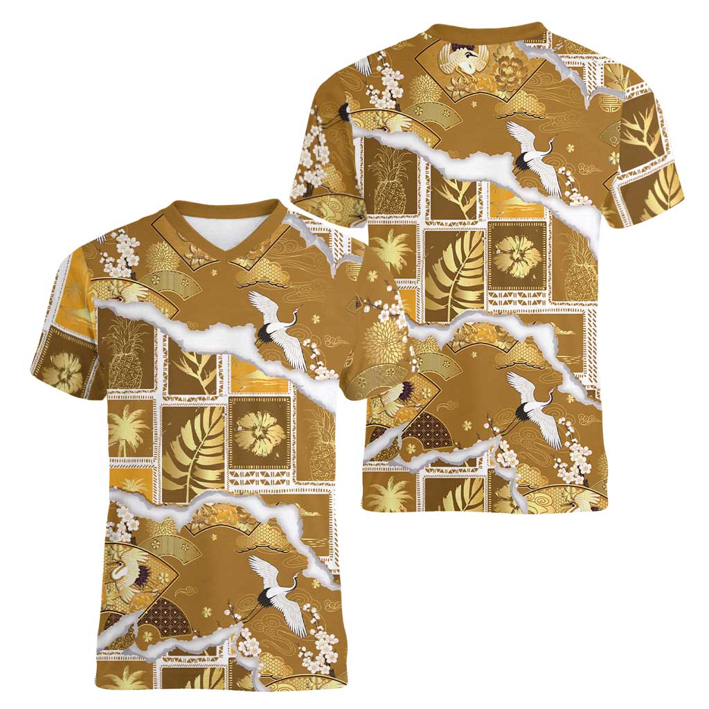 Hawaii Japanese Culture Gold Women V-Neck T-Shirt Spring Cranes Aloha Pattern LT01 - Polynesian Pride