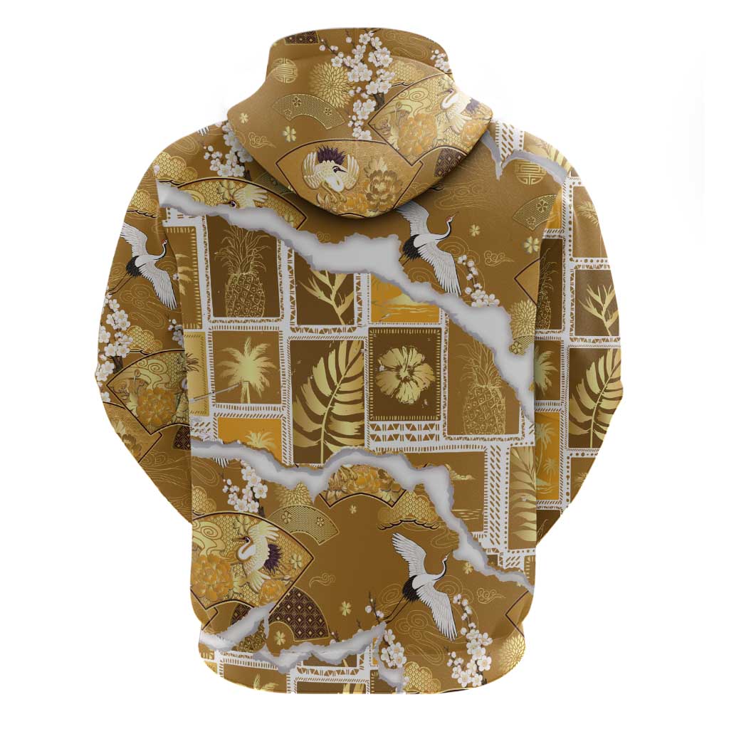 Hawaii Japanese Culture Gold Zip Hoodie Spring Cranes Aloha Pattern