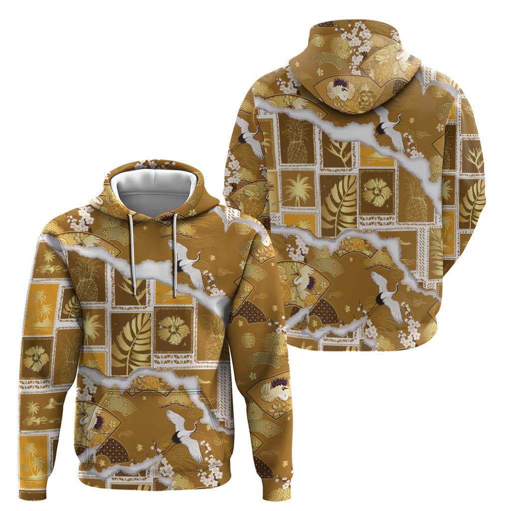 Hawaii Japanese Culture Gold Zip Hoodie Spring Cranes Aloha Pattern