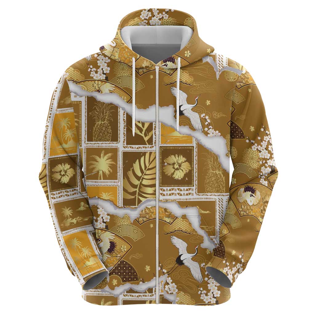 Hawaii Japanese Culture Gold Zip Hoodie Spring Cranes Aloha Pattern