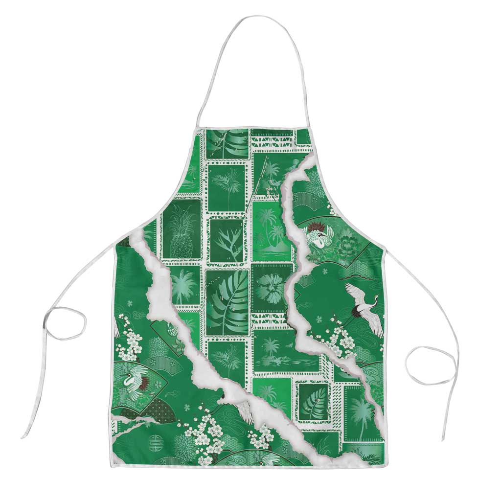 Hawaii Japanese Culture Green Apron Spring Cranes Aloha Pattern