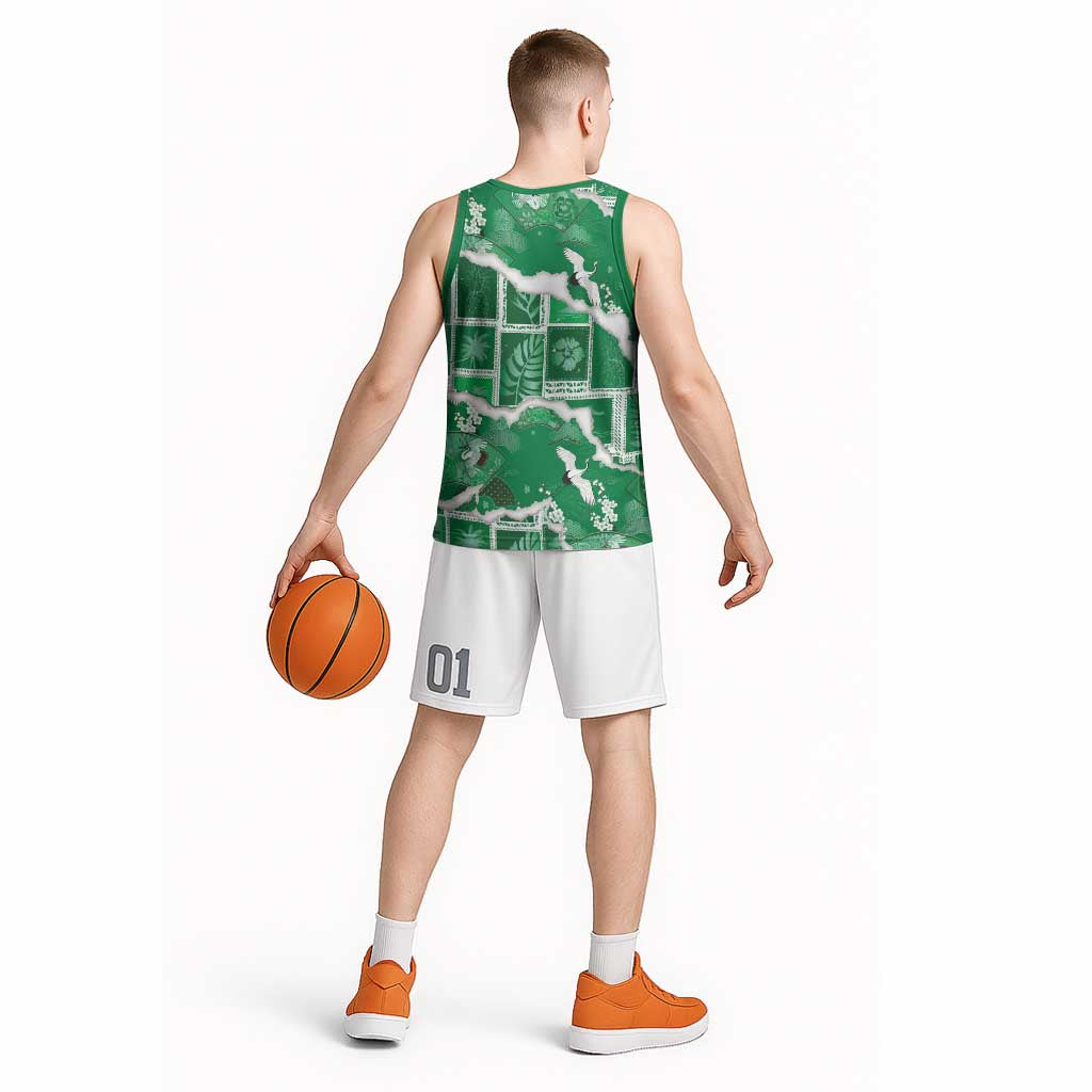 Hawaii Japanese Culture Green Basketball Jersey Spring Cranes Aloha Pattern LT01 - Polynesian Pride