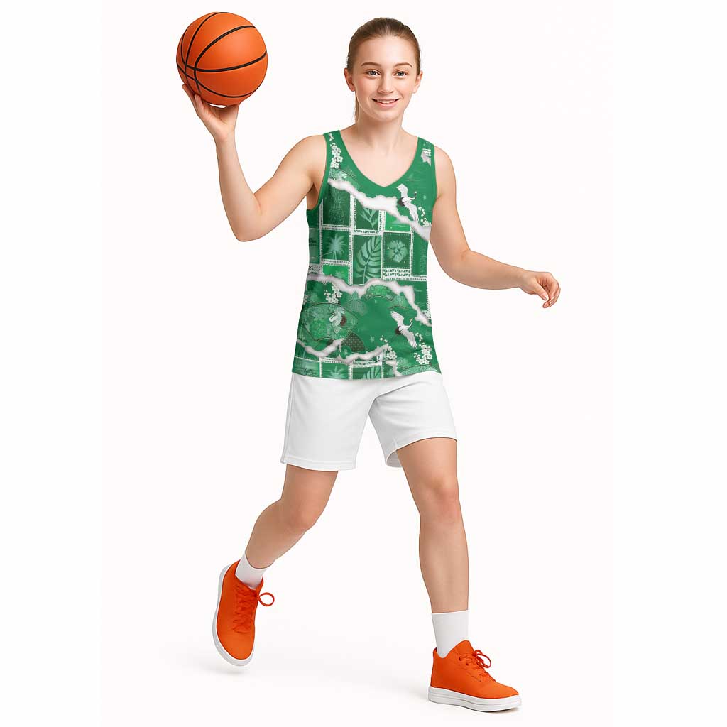 Hawaii Japanese Culture Green Basketball Jersey Spring Cranes Aloha Pattern LT01 - Polynesian Pride