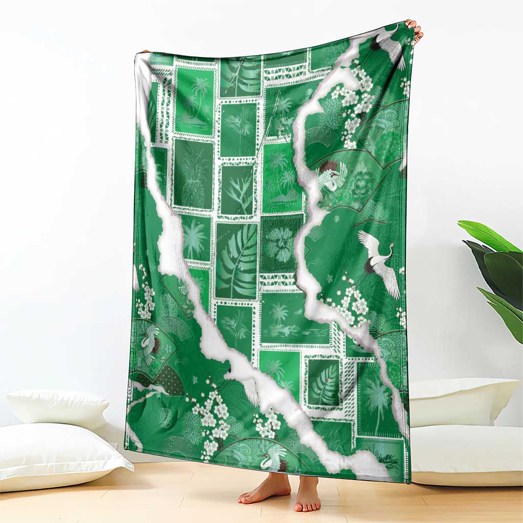 Hawaii Japanese Culture Green Blanket Spring Cranes Aloha Pattern