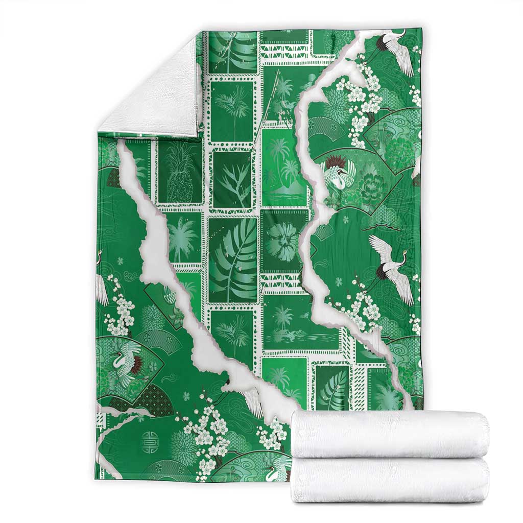 Hawaii Japanese Culture Green Blanket Spring Cranes Aloha Pattern