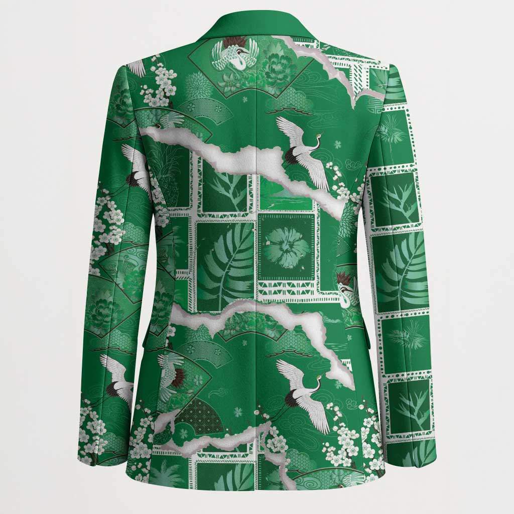 Hawaii Japanese Culture Green Blazer Spring Cranes Aloha Pattern
