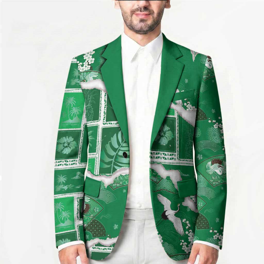 Hawaii Japanese Culture Green Blazer Spring Cranes Aloha Pattern
