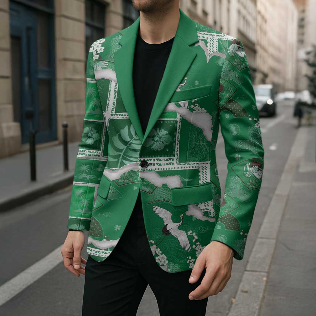 Hawaii Japanese Culture Green Blazer Spring Cranes Aloha Pattern