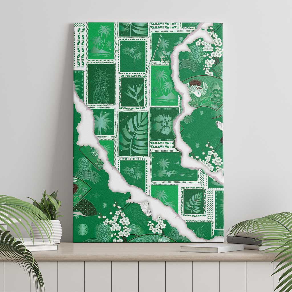 Hawaii Japanese Culture Green Canvas Wall Art Spring Cranes Aloha Pattern
