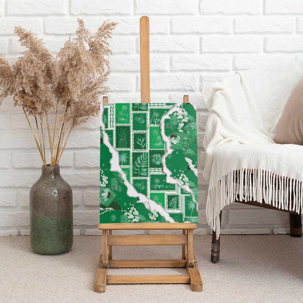 Hawaii Japanese Culture Green Canvas Wall Art Spring Cranes Aloha Pattern
