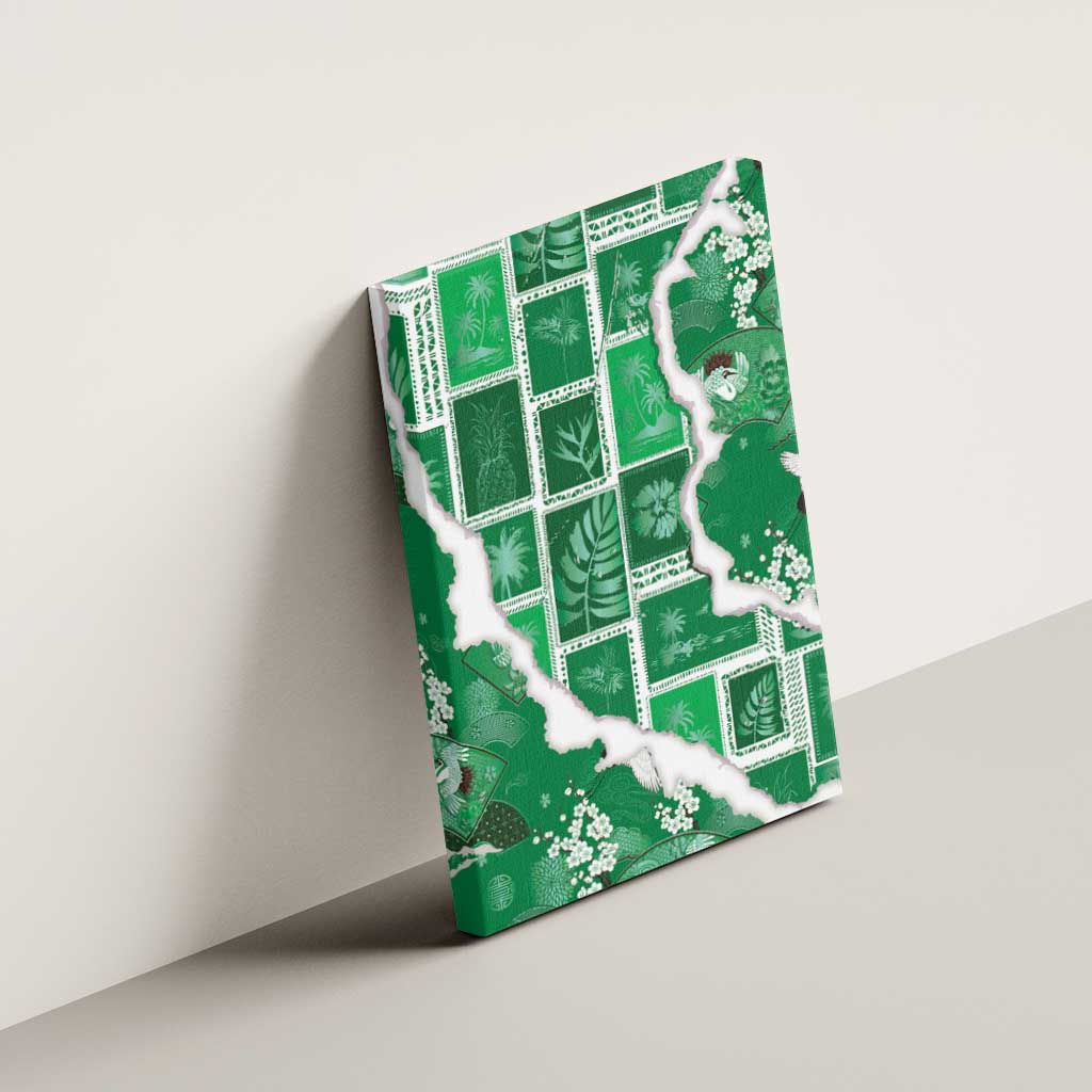Hawaii Japanese Culture Green Canvas Wall Art Spring Cranes Aloha Pattern