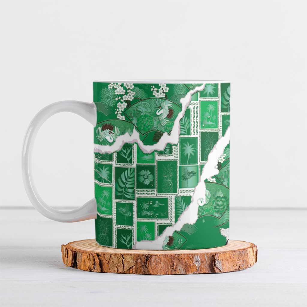 Hawaii Japanese Culture Green Ceramic Mug Spring Cranes Aloha Pattern