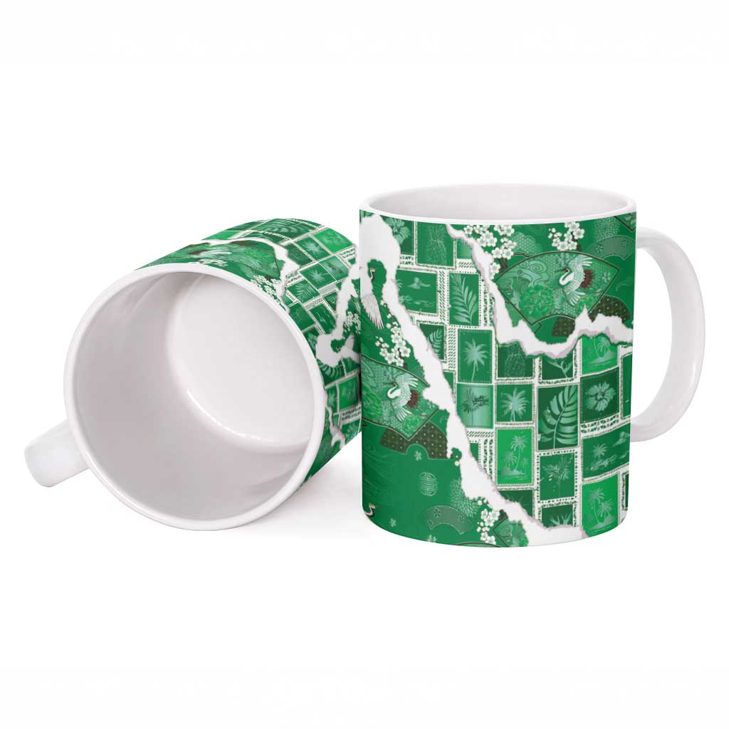Hawaii Japanese Culture Green Ceramic Mug Spring Cranes Aloha Pattern