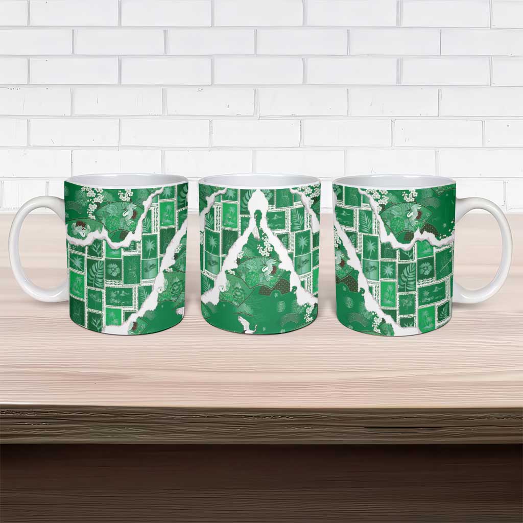 Hawaii Japanese Culture Green Ceramic Mug Spring Cranes Aloha Pattern
