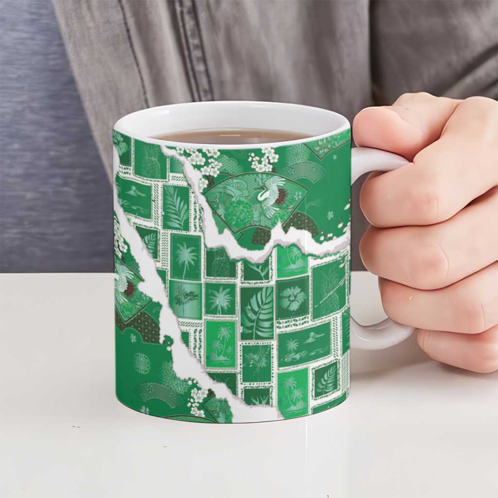 Hawaii Japanese Culture Green Ceramic Mug Spring Cranes Aloha Pattern