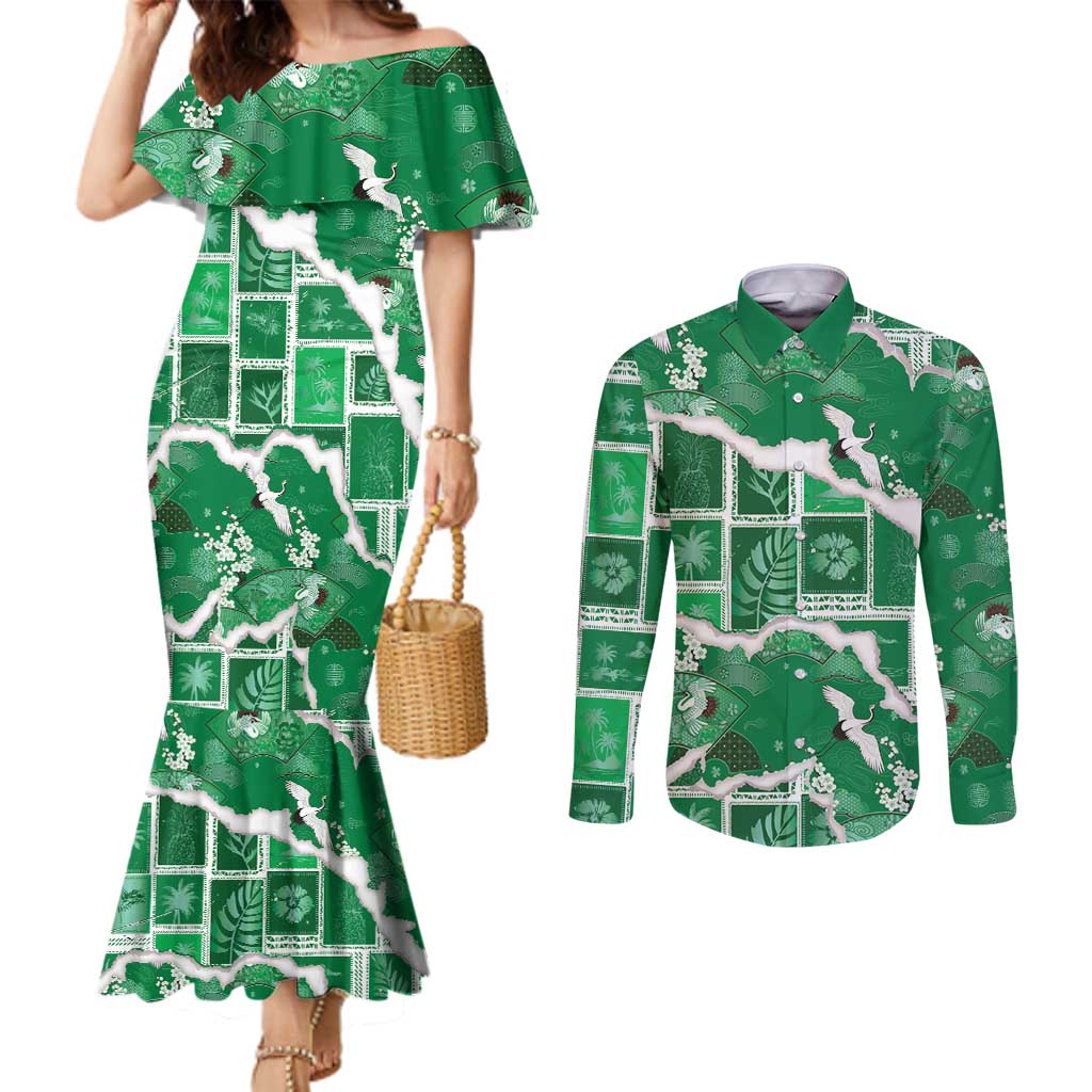 Hawaii Japanese Culture Green Couples Matching Mermaid Dress and Long Sleeve Button Shirt Spring Cranes Aloha Pattern LT01 Green - Polynesian Pride