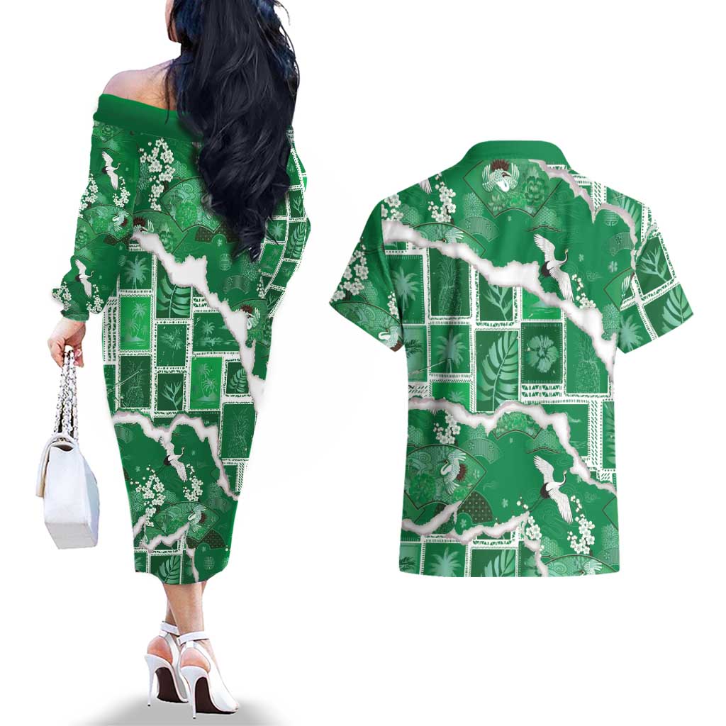 Hawaii Japanese Culture Green Couples Matching Off The Shoulder Long Sleeve Dress and Hawaiian Shirt Spring Cranes Aloha Pattern