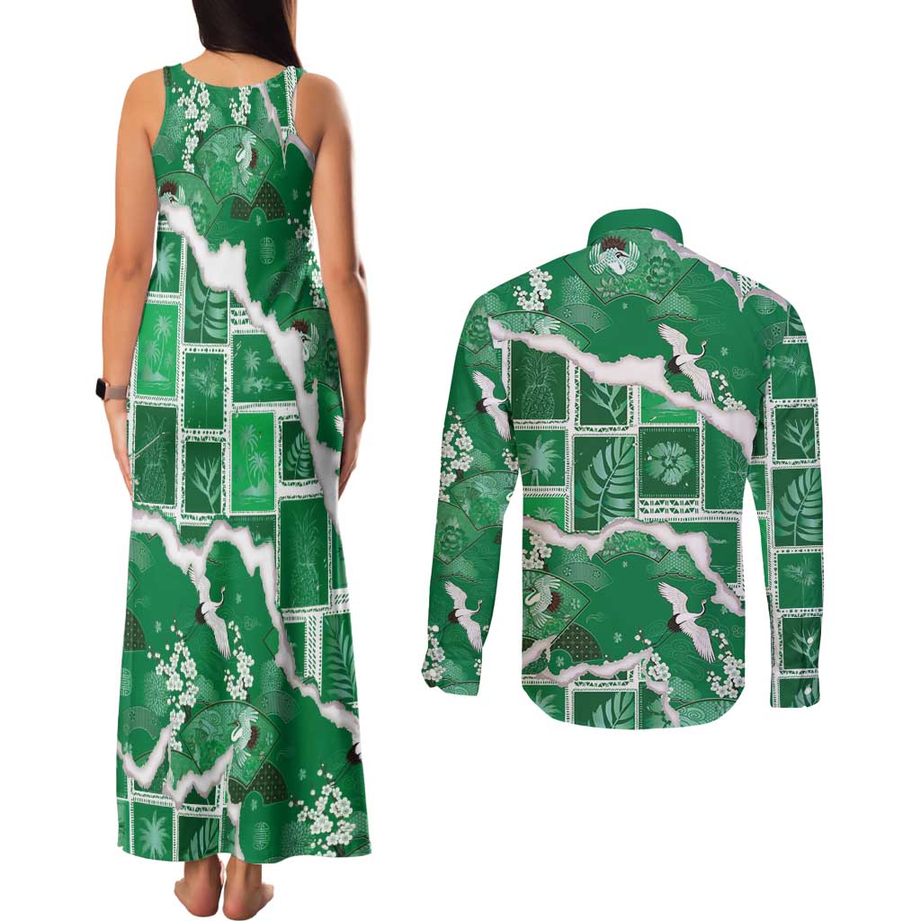 Hawaii Japanese Culture Green Couples Matching Tank Maxi Dress and Long Sleeve Button Shirt Spring Cranes Aloha Pattern LT01 - Polynesian Pride