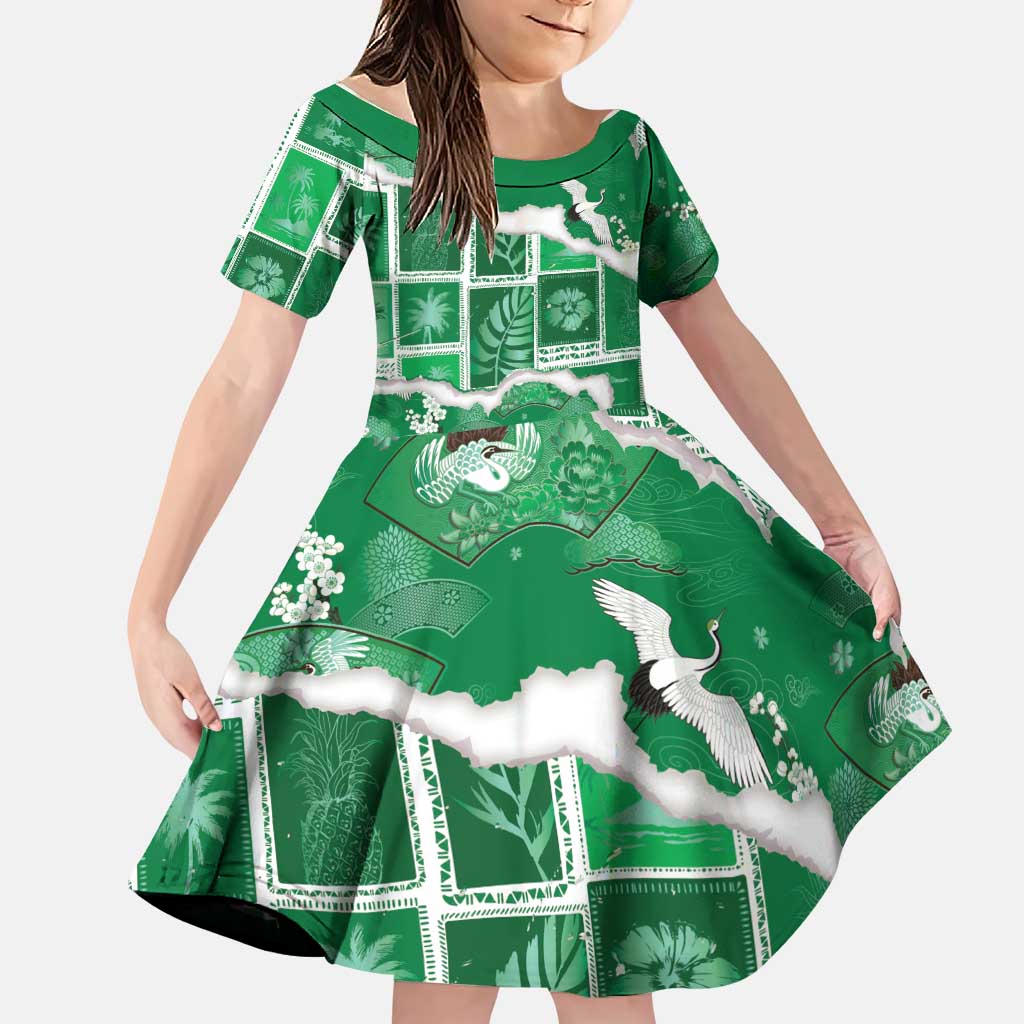 Hawaii Japanese Culture Green Family Matching Mermaid Dress and Hawaiian Shirt Spring Cranes Aloha Pattern