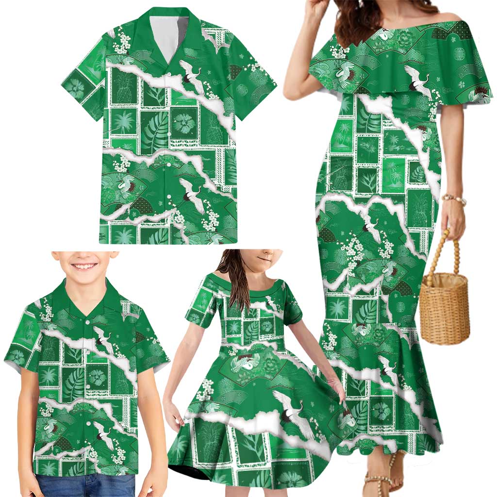 Hawaii Japanese Culture Green Family Matching Mermaid Dress and Hawaiian Shirt Spring Cranes Aloha Pattern