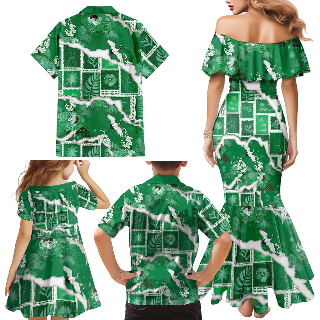 Hawaii Japanese Culture Green Family Matching Mermaid Dress and Hawaiian Shirt Spring Cranes Aloha Pattern
