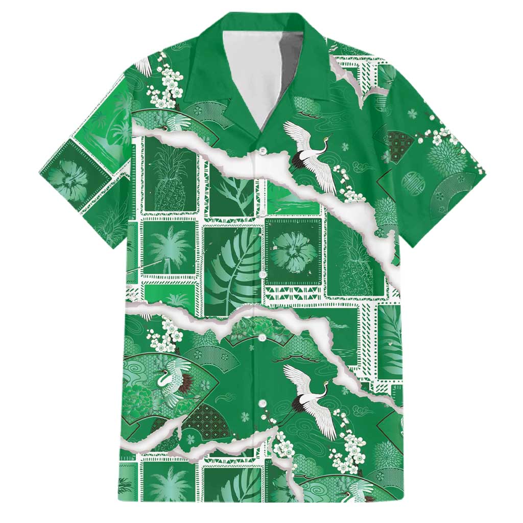Hawaii Japanese Culture Green Family Matching Mermaid Dress and Hawaiian Shirt Spring Cranes Aloha Pattern