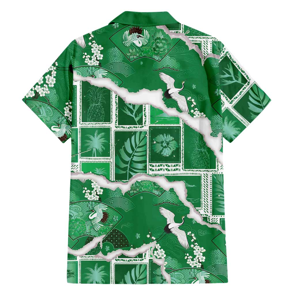 Hawaii Japanese Culture Green Family Matching Mermaid Dress and Hawaiian Shirt Spring Cranes Aloha Pattern