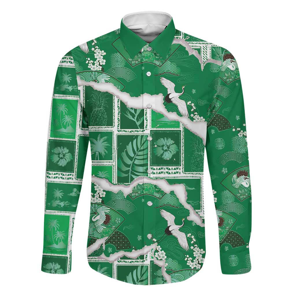 Hawaii Japanese Culture Green Family Matching Mermaid Dress and Hawaiian Shirt Spring Cranes Aloha Pattern