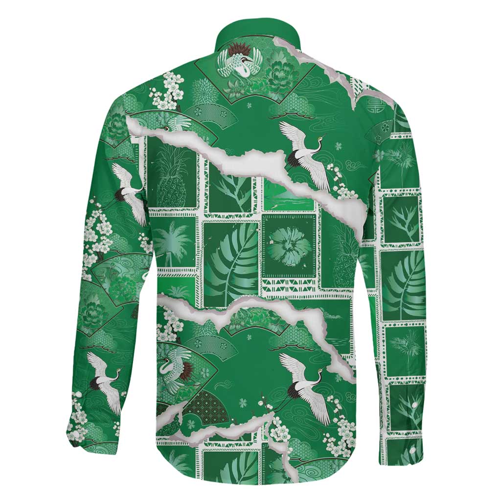 Hawaii Japanese Culture Green Family Matching Mermaid Dress and Hawaiian Shirt Spring Cranes Aloha Pattern