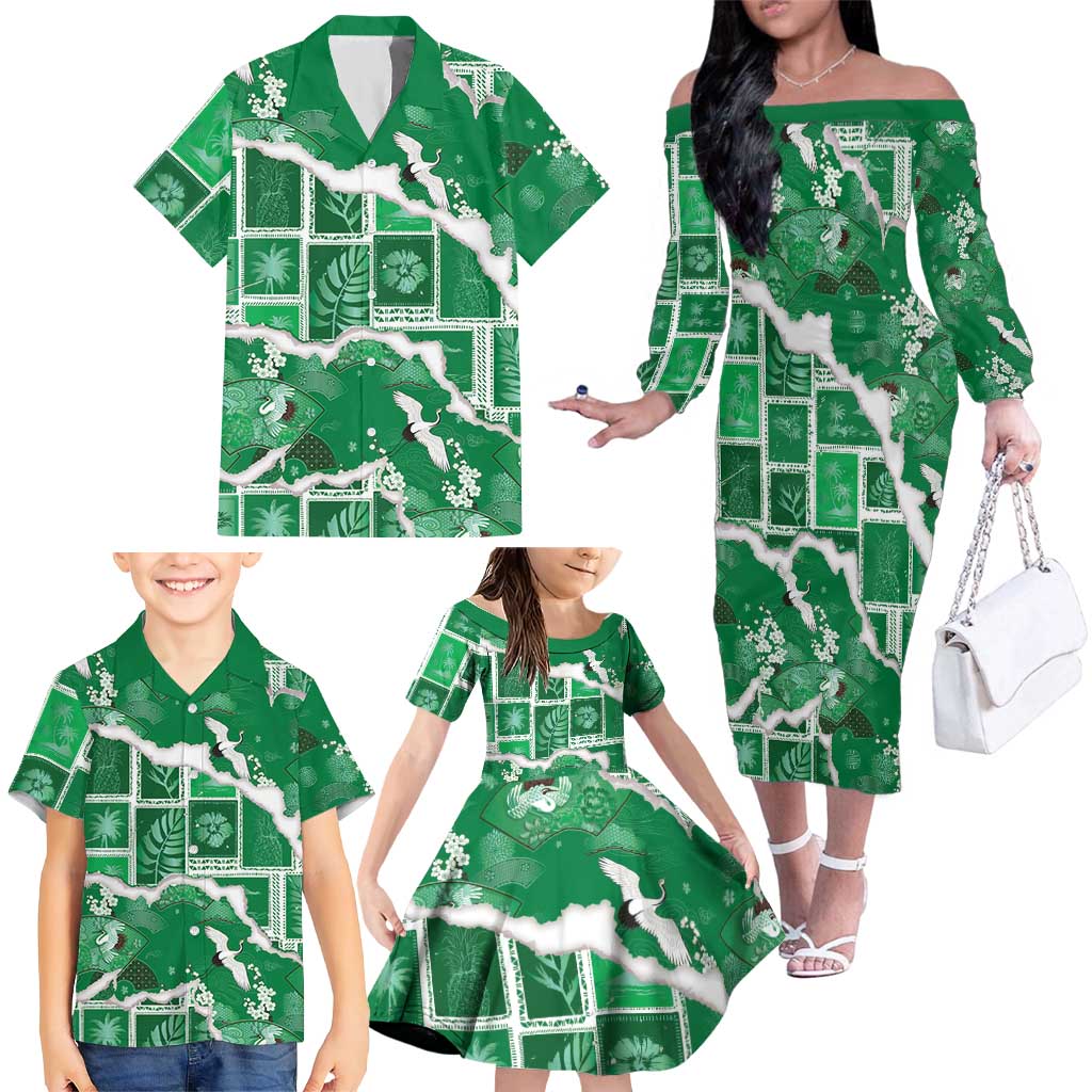 Hawaii Japanese Culture Green Family Matching Off The Shoulder Long Sleeve Dress and Hawaiian Shirt Spring Cranes Aloha Pattern LT01 - Polynesian Pride