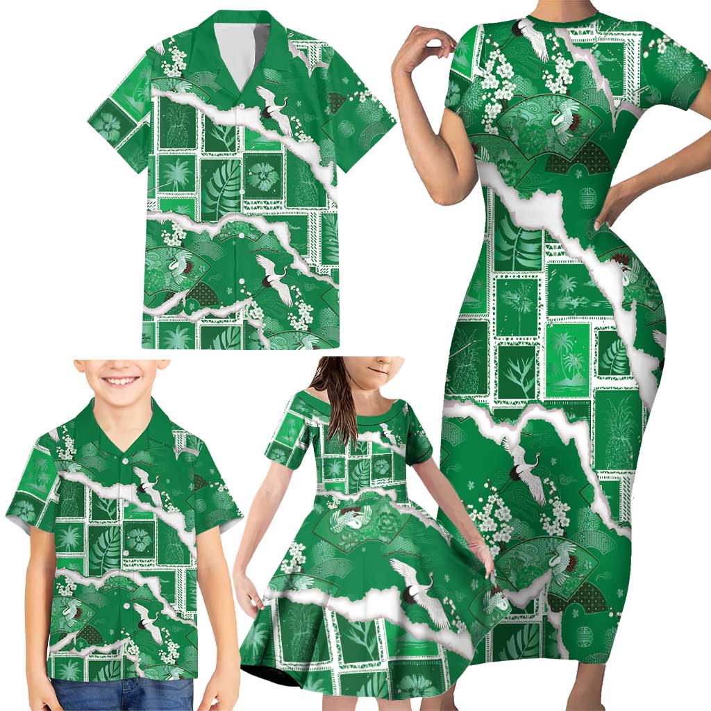 Hawaii Japanese Culture Green Family Matching Short Sleeve Bodycon Dress and Hawaiian Shirt Spring Cranes Aloha Pattern LT01 - Polynesian Pride