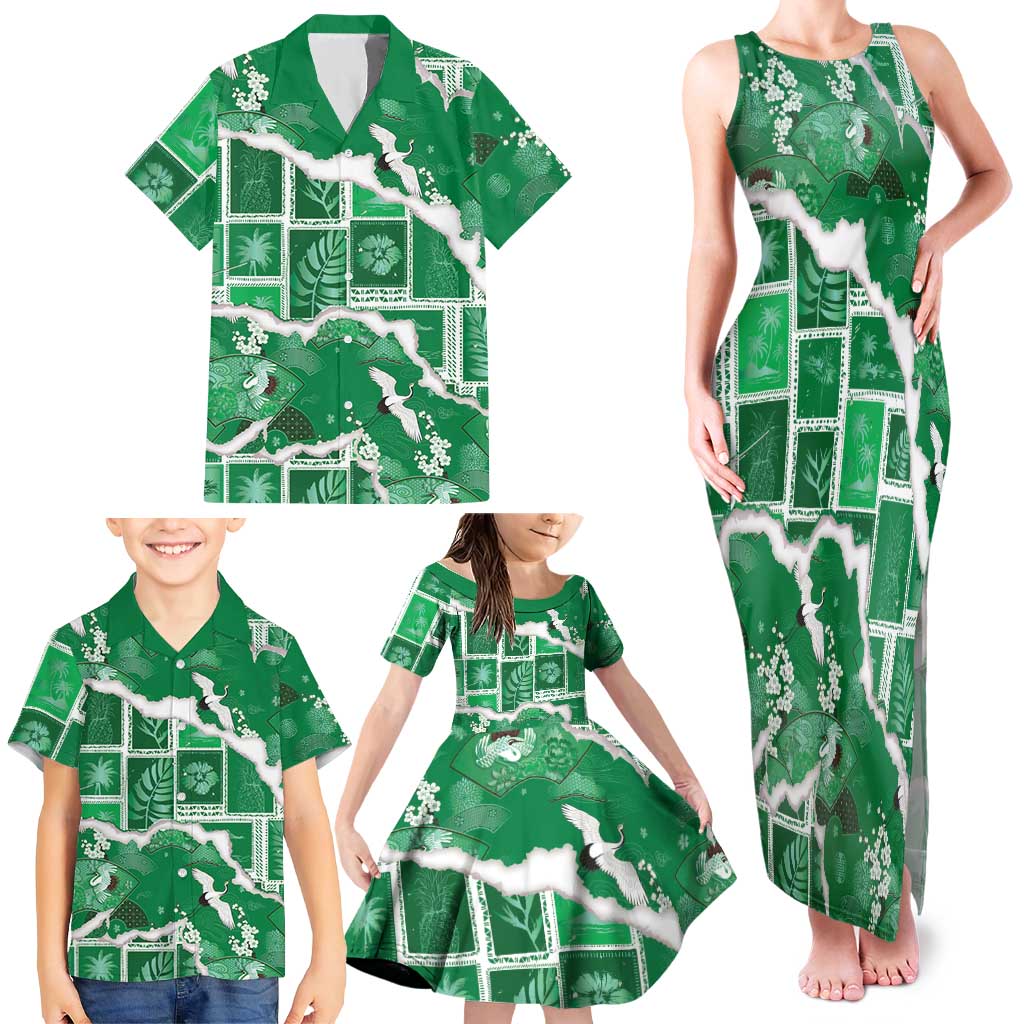 Hawaii Japanese Culture Green Family Matching Tank Maxi Dress and Hawaiian Shirt Spring Cranes Aloha Pattern LT01 - Polynesian Pride