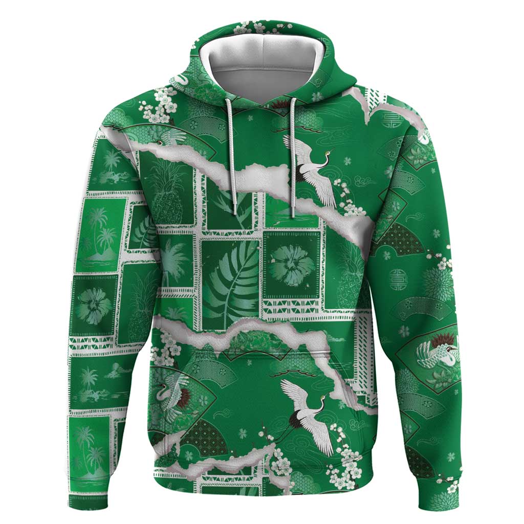 Hawaii Japanese Culture Green Hoodie Spring Cranes Aloha Pattern LT01 Pullover Hoodie Green - Polynesian Pride