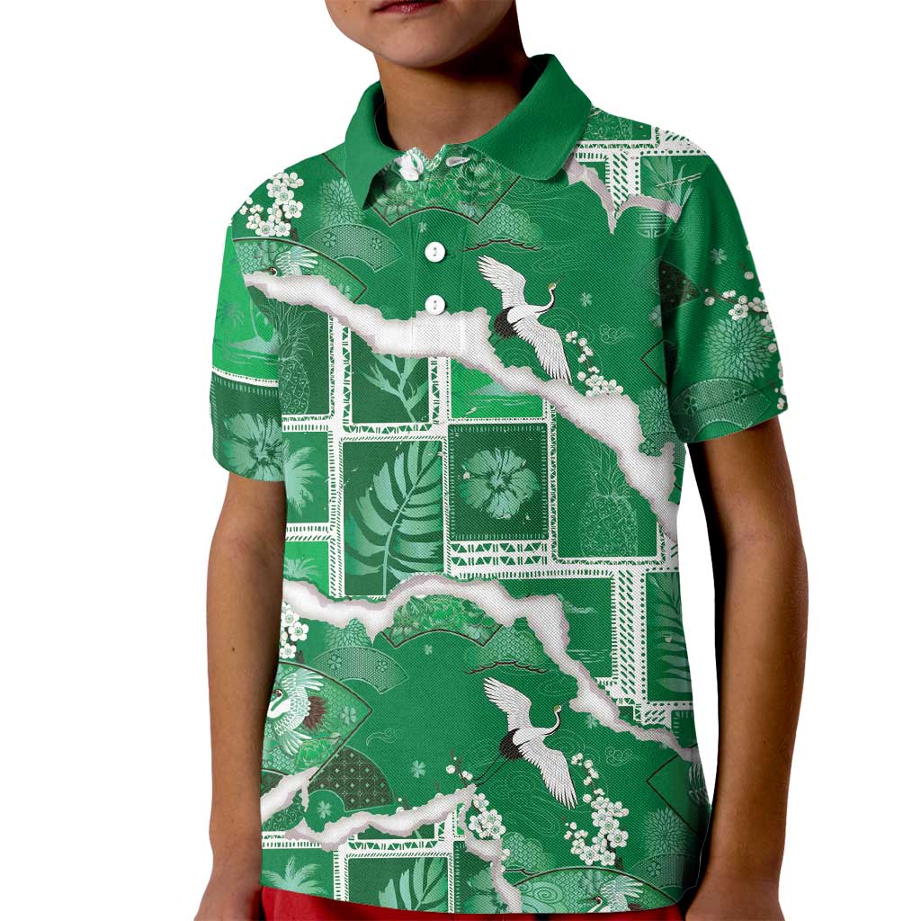 Hawaii Japanese Culture Green Kid Polo Shirt Spring Cranes Aloha Pattern