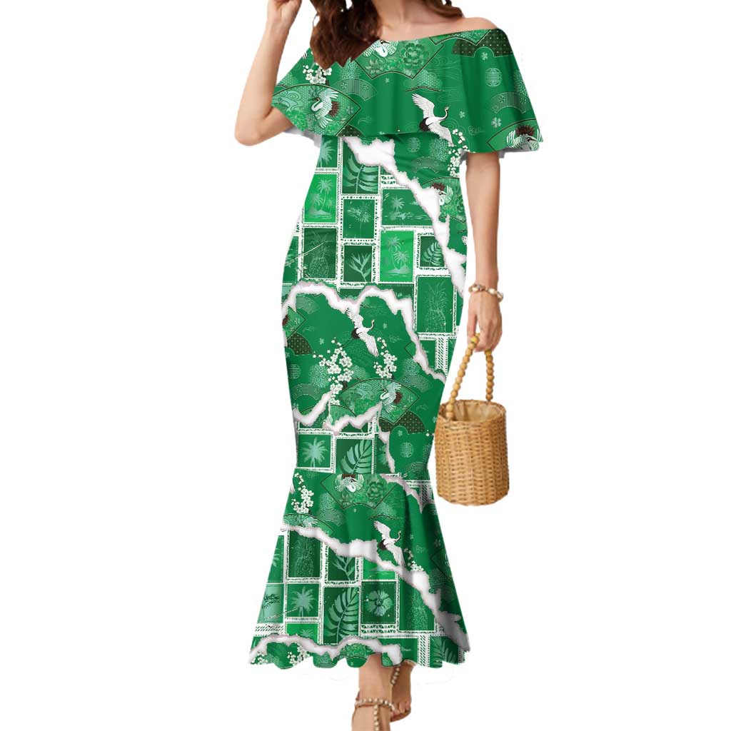 Hawaii Japanese Culture Green Mermaid Dress Spring Cranes Aloha Pattern LT01 Women Green - Polynesian Pride