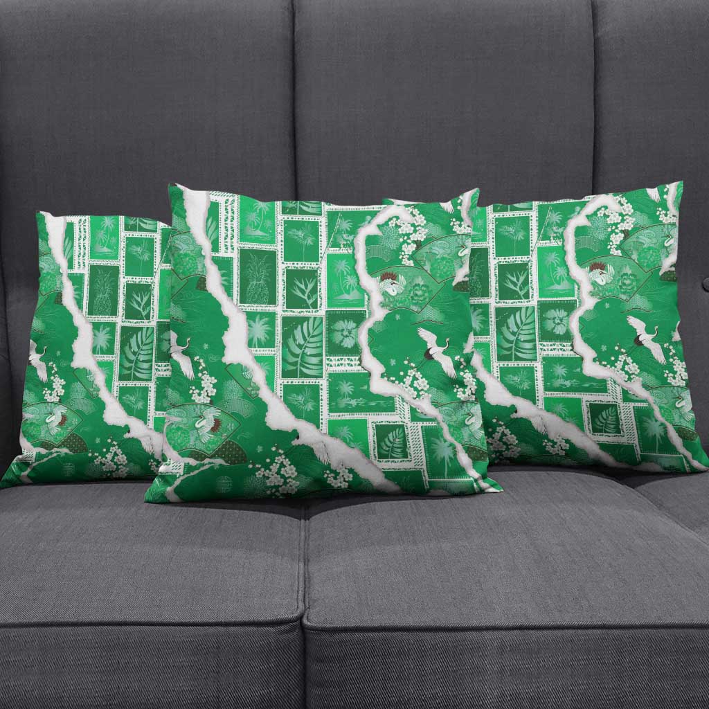 Hawaii Japanese Culture Green Pillow Cover Spring Cranes Aloha Pattern