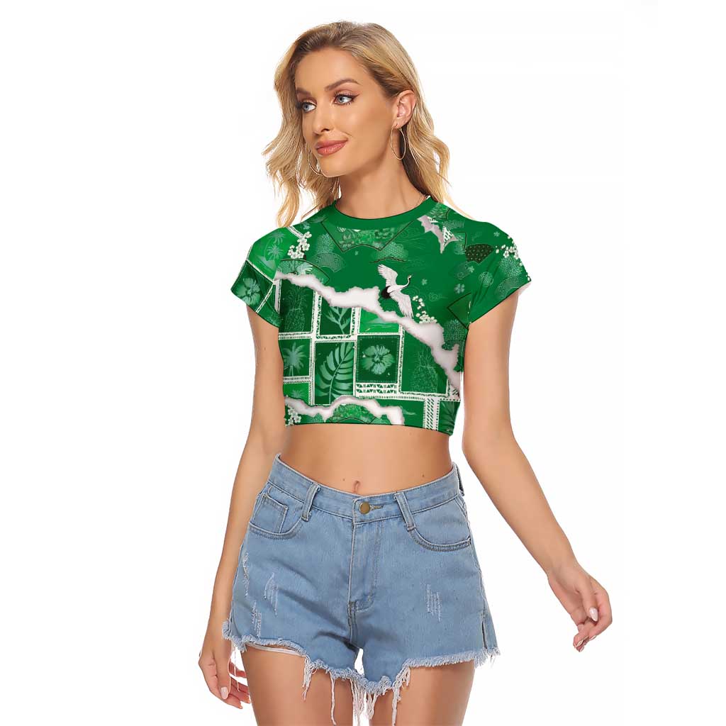 Hawaii Japanese Culture Green Raglan Cropped T Shirt Spring Cranes Aloha Pattern