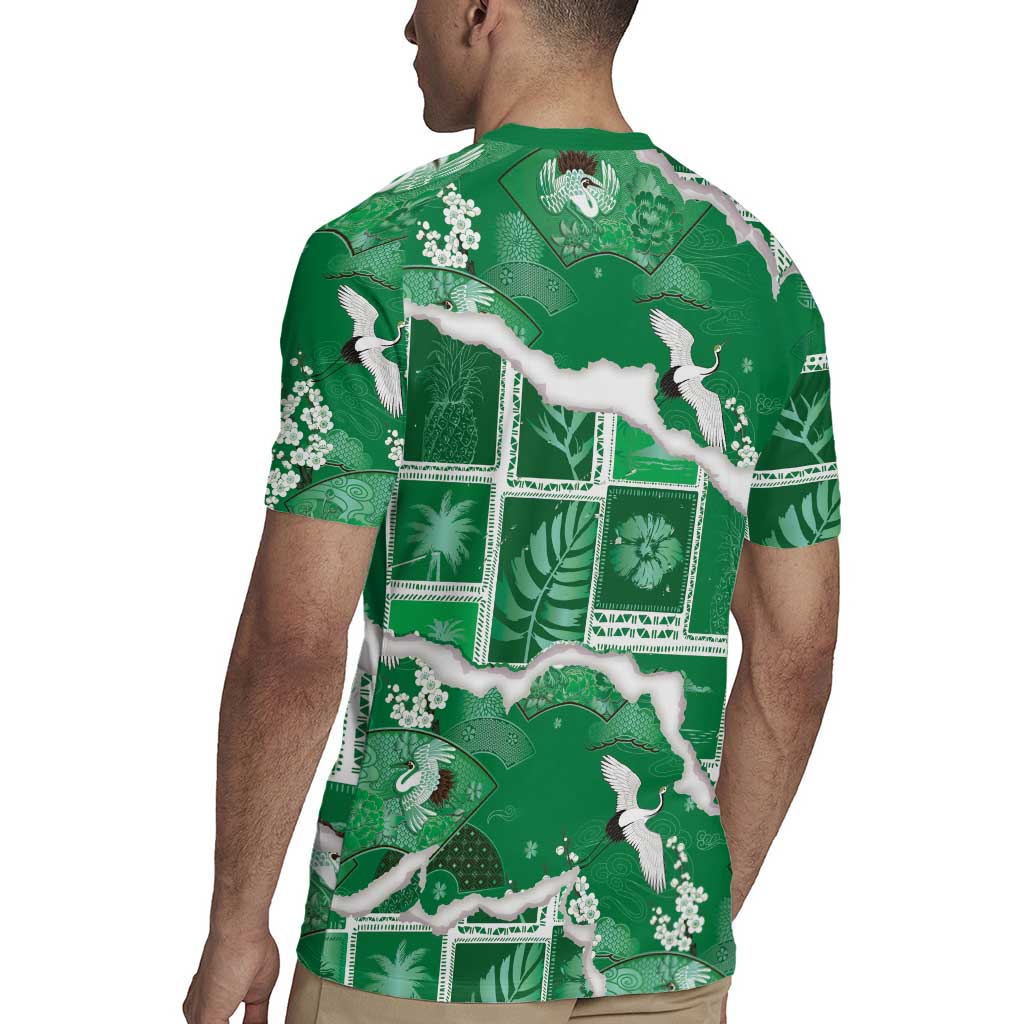Hawaii Japanese Culture Green Rugby Jersey Spring Cranes Aloha Pattern