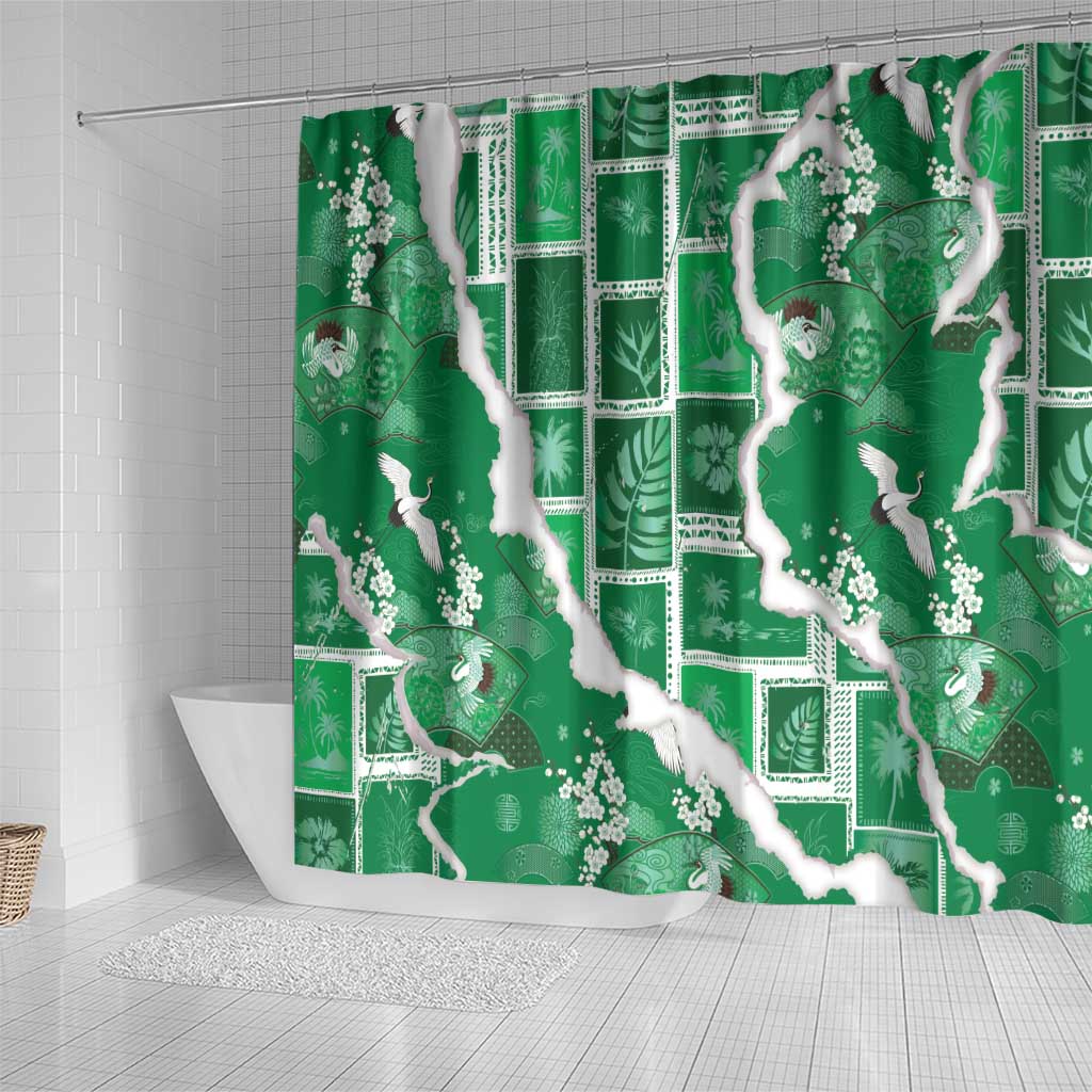 Hawaii Japanese Culture Green Shower Curtain Spring Cranes Aloha Pattern