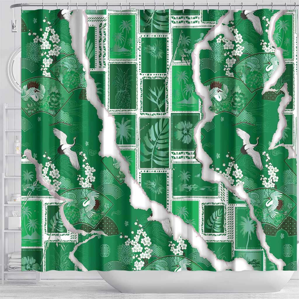Hawaii Japanese Culture Green Shower Curtain Spring Cranes Aloha Pattern