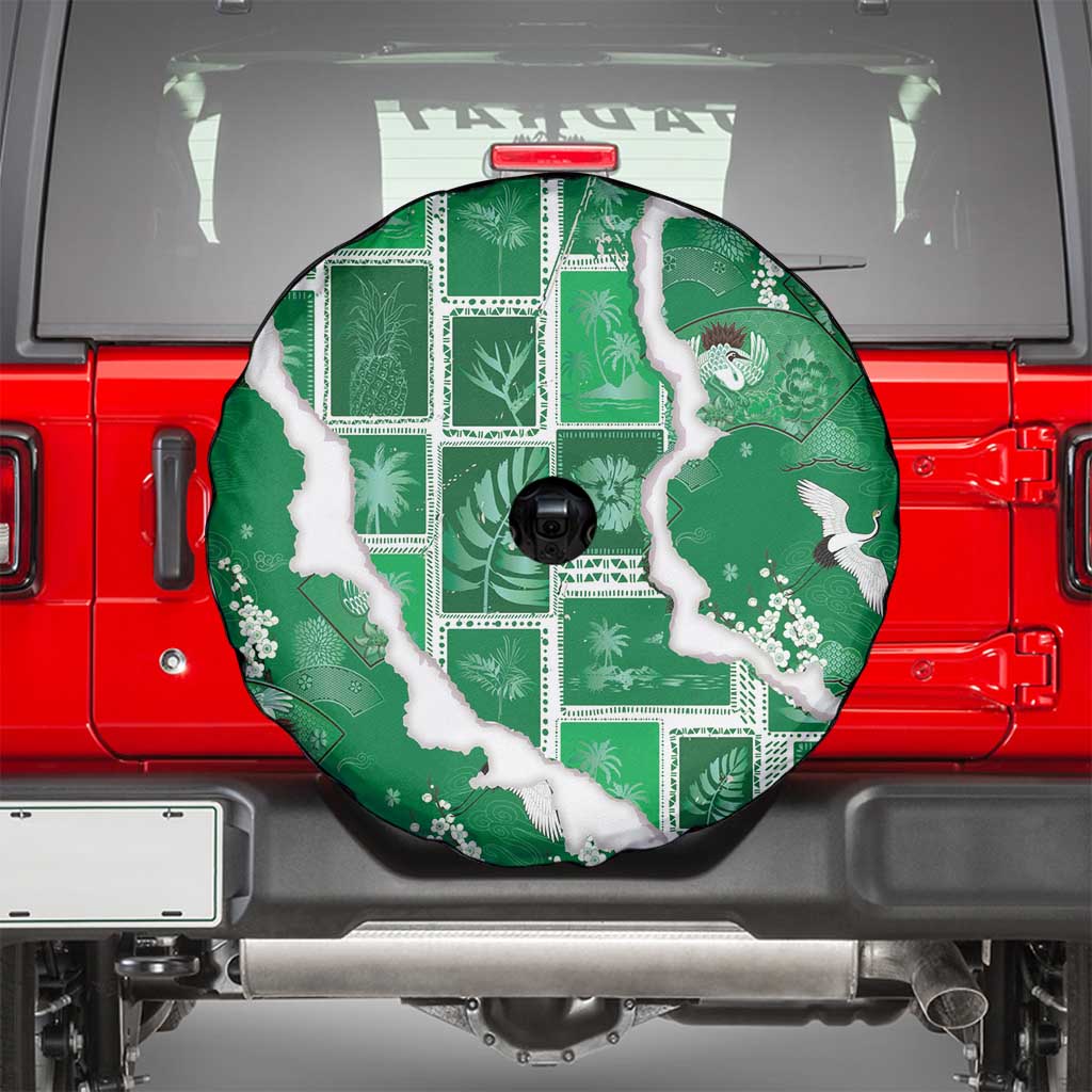 Hawaii Japanese Culture Green Spare Tire Cover Spring Cranes Aloha Pattern