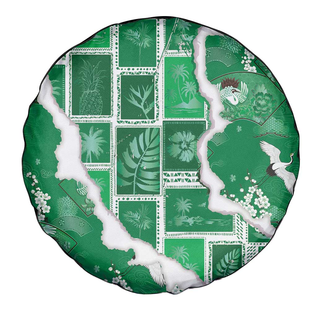 Hawaii Japanese Culture Green Spare Tire Cover Spring Cranes Aloha Pattern